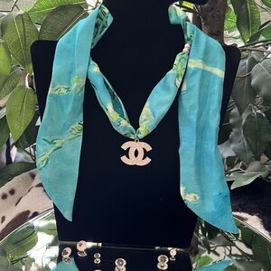 Turquoise and Lime Adjustable Silk Scarf with Fashion Crystal Logo